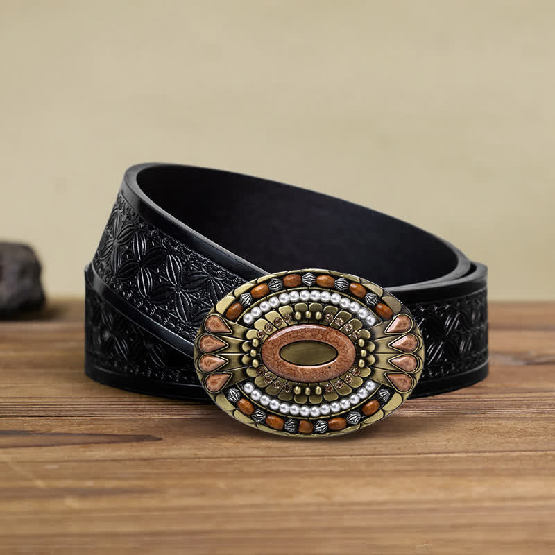 Ceinture en cuir à boucle en perles de bois indiennes pour hommes
