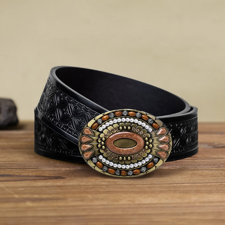 Ceinture en cuir à boucle en perles de bois indiennes pour hommes