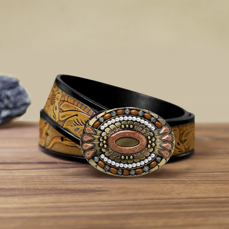 Ceinture en cuir à boucle en perles de bois indiennes pour hommes