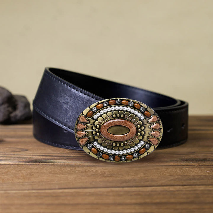 Ceinture en cuir à boucle en perles de bois indiennes pour hommes