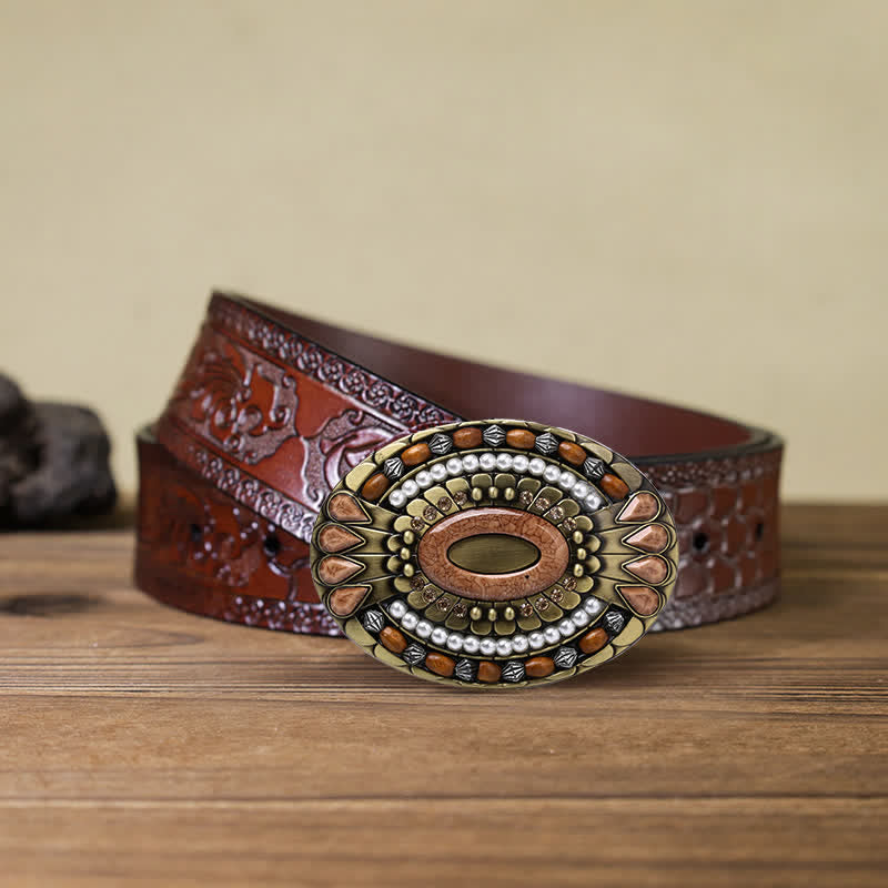 Ceinture en cuir à boucle en perles de bois indiennes pour hommes