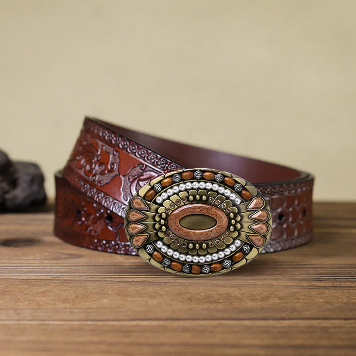 Ceinture en cuir à boucle en perles de bois indiennes pour hommes