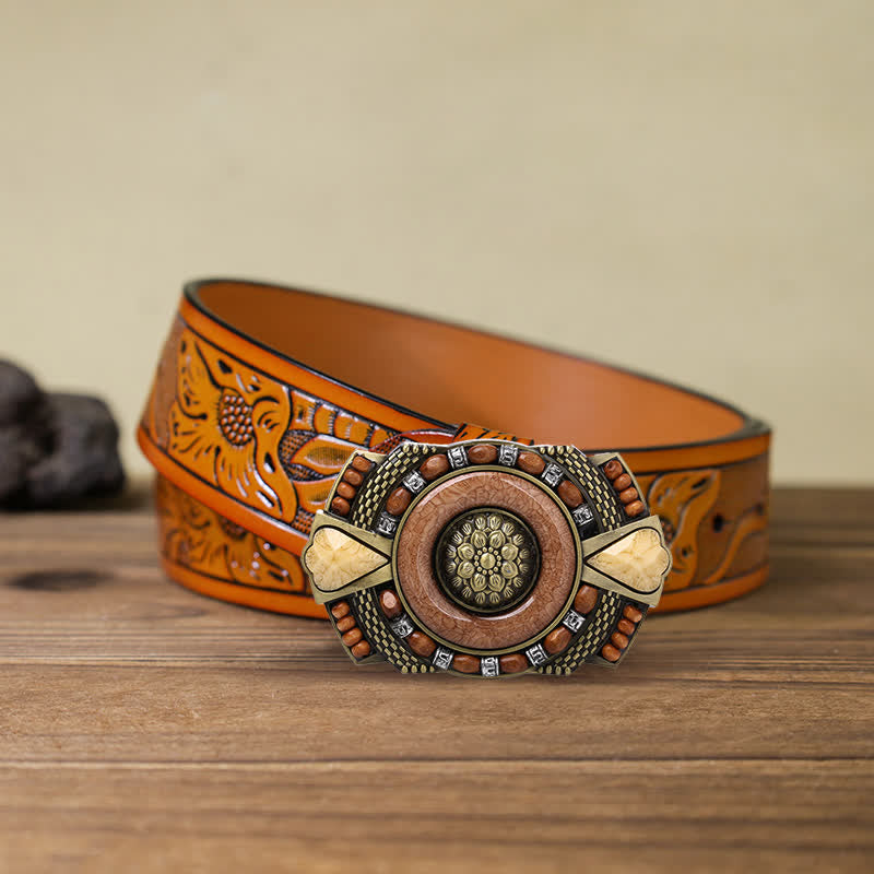Ceinture en cuir à boucle en perles de bois indiennes pour hommes