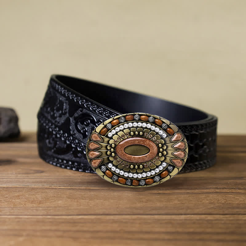 Ceinture en cuir à boucle en perles de bois indiennes pour hommes