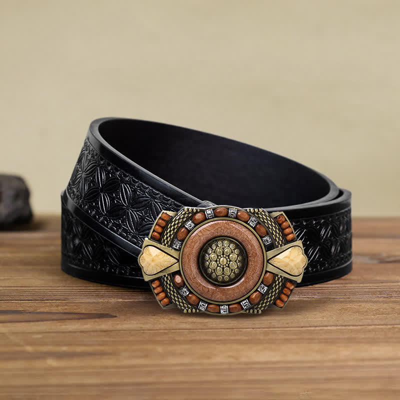Ceinture en cuir à boucle en perles de bois indiennes pour hommes