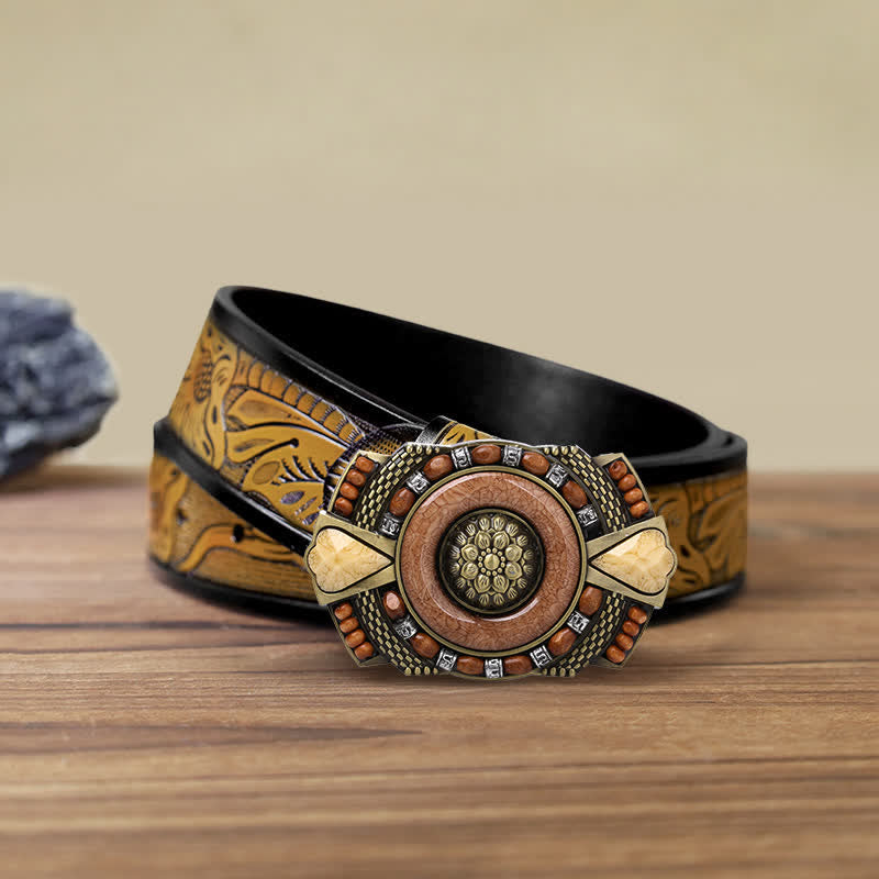 Ceinture en cuir à boucle en perles de bois indiennes pour hommes