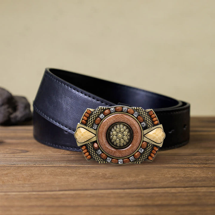 Ceinture en cuir à boucle en perles de bois indiennes pour hommes