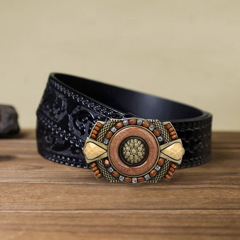 Ceinture en cuir à boucle en perles de bois indiennes pour hommes