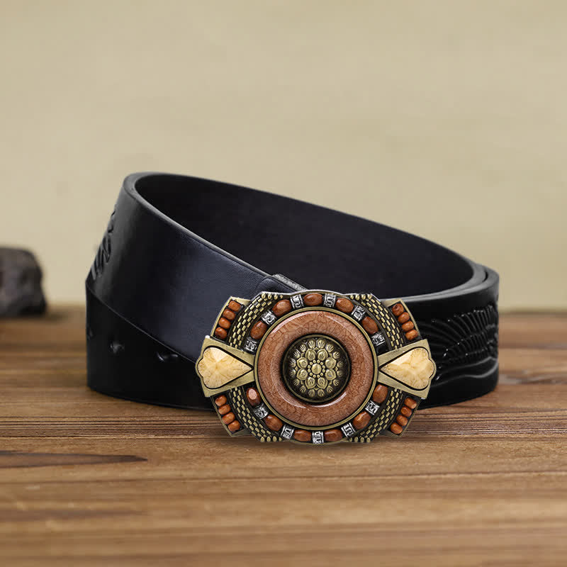 Ceinture en cuir à boucle en perles de bois indiennes pour hommes