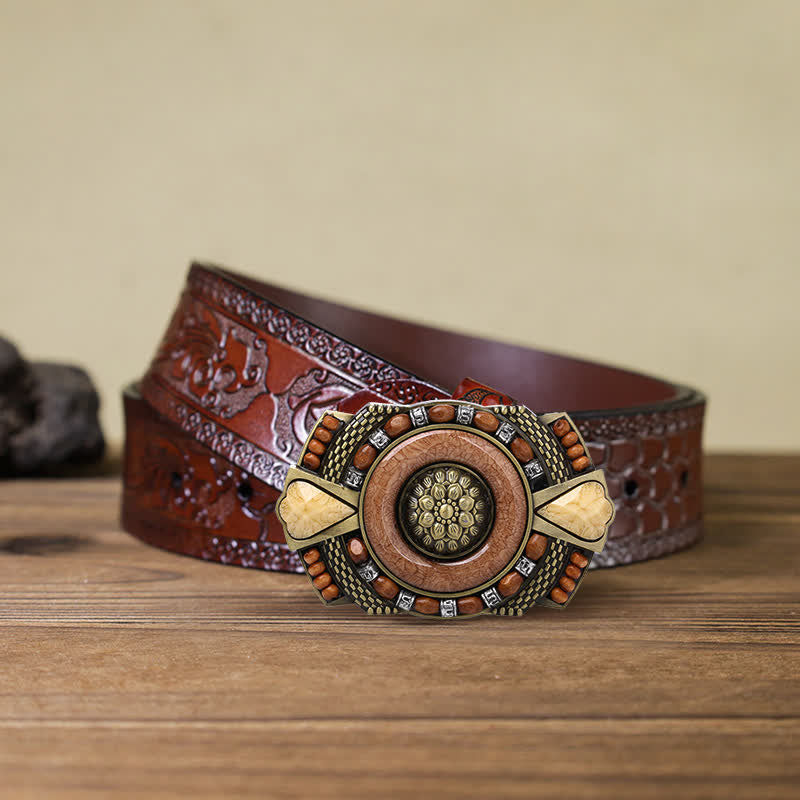 Ceinture en cuir à boucle en perles de bois indiennes pour hommes