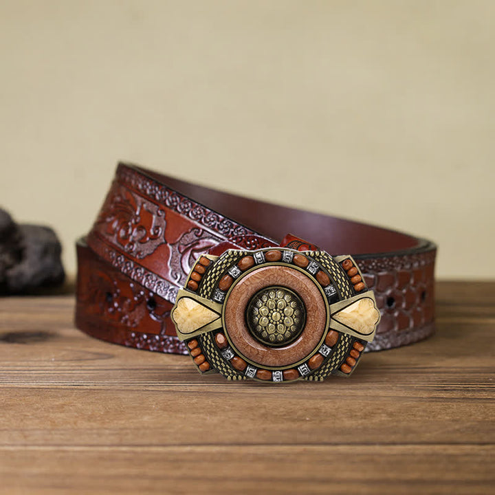 Ceinture en cuir à boucle en perles de bois indiennes pour hommes