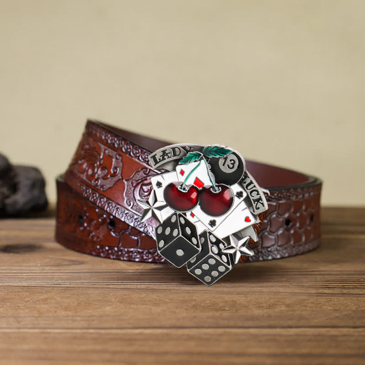 Ceinture en cuir à boucle en forme de dés de poker Cherry DIY pour homme