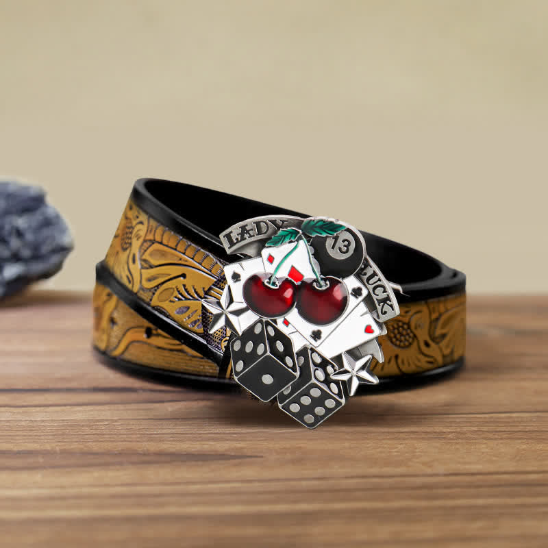 Ceinture en cuir à boucle en forme de dés de poker Cherry DIY pour homme