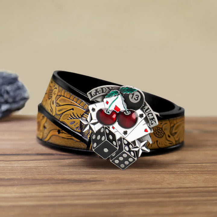 Ceinture en cuir à boucle en forme de dés de poker Cherry DIY pour homme