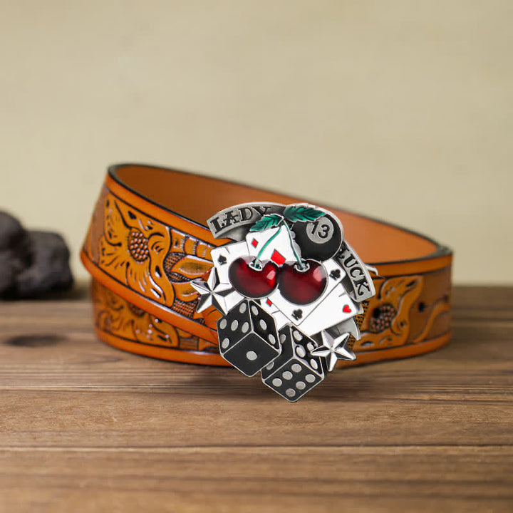 Ceinture en cuir à boucle en forme de dés de poker Cherry DIY pour homme