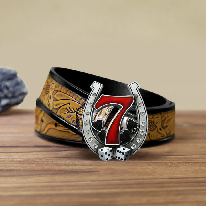Ceinture en cuir à boucle Lucky 7 Casino en forme de fer à cheval pour homme