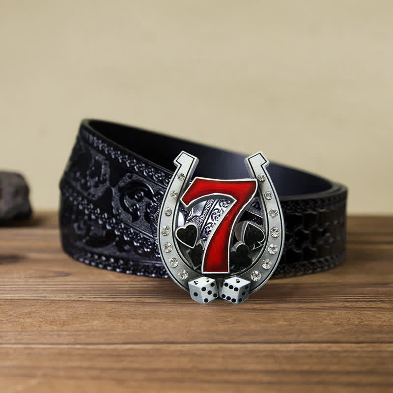 Ceinture en cuir à boucle Lucky 7 Casino en forme de fer à cheval pour homme