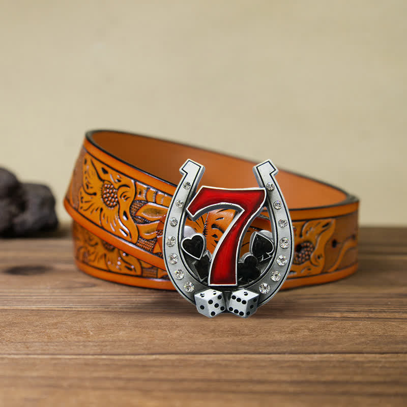 Ceinture en cuir à boucle Lucky 7 Casino en forme de fer à cheval pour homme