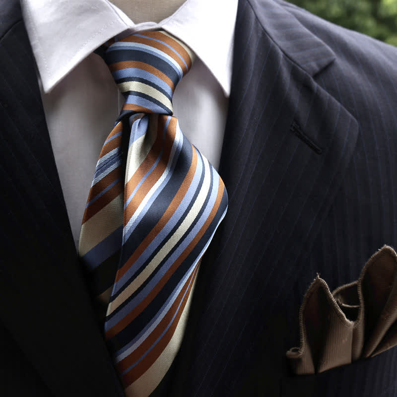 Cravate classique à rayures larges en soie véritable pour homme - Bleu et café - image 0