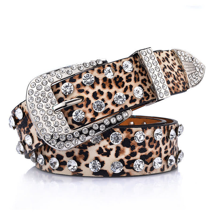 Ceinture en cuir imprimé léopard incrustée de strass pour femme