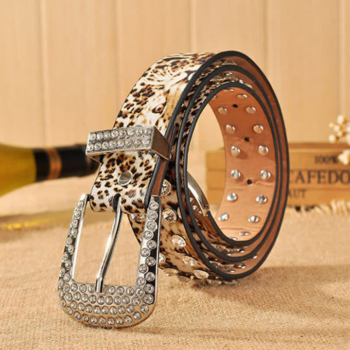 Ceinture en cuir imprimé léopard incrustée de strass pour femme