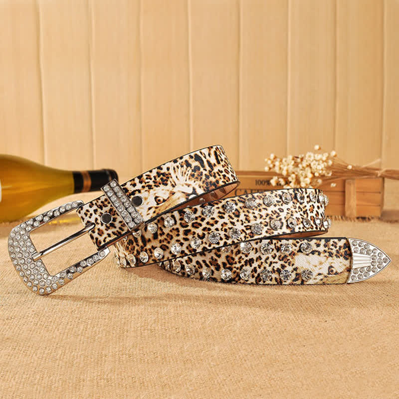 Ceinture en cuir imprimé léopard incrustée de strass pour femme