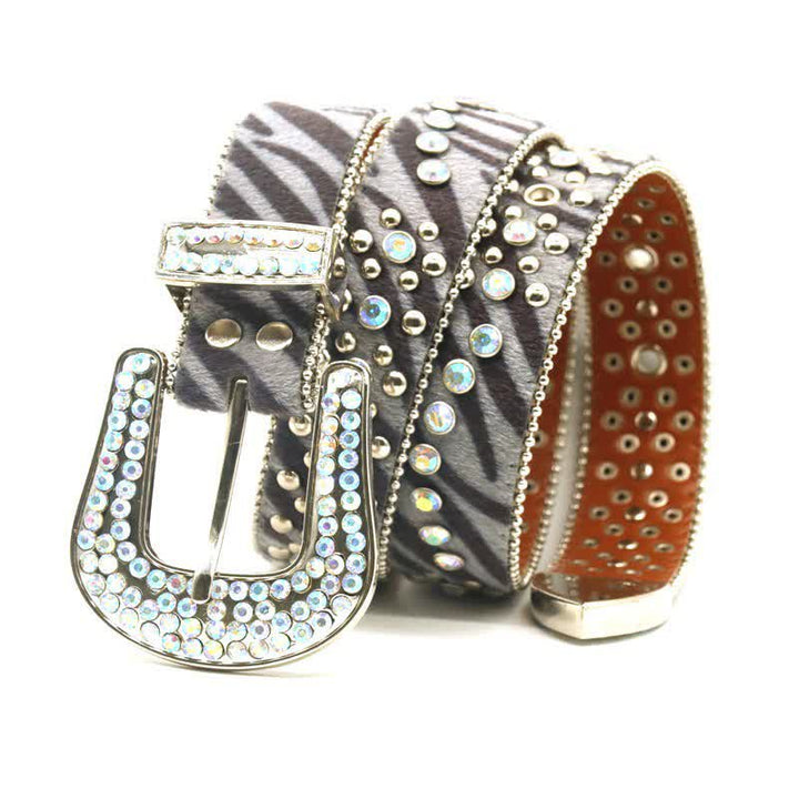 Ceinture unisexe en cuir à imprimé zèbre avec strass