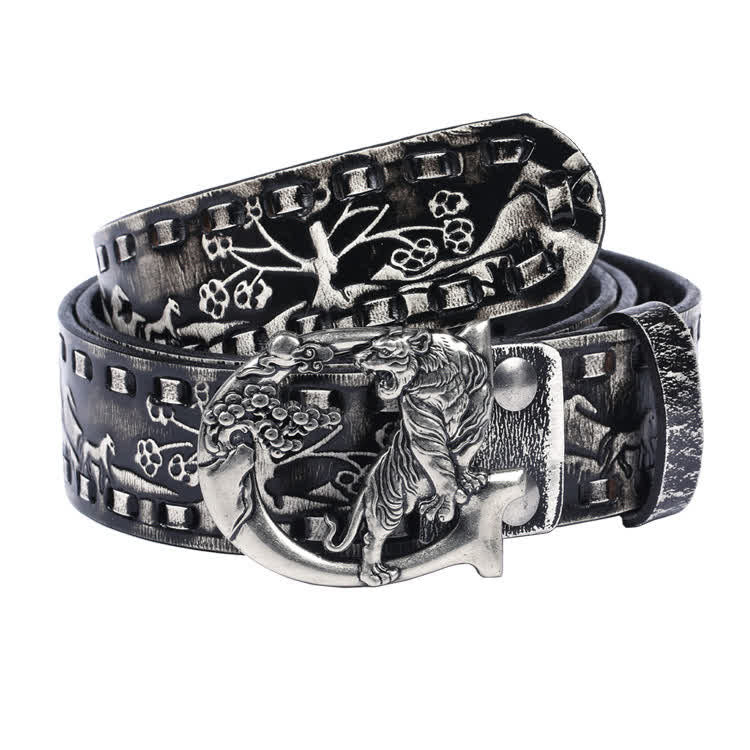 Ceinture unisexe en cuir avec boucle gravée de tigres rétro
