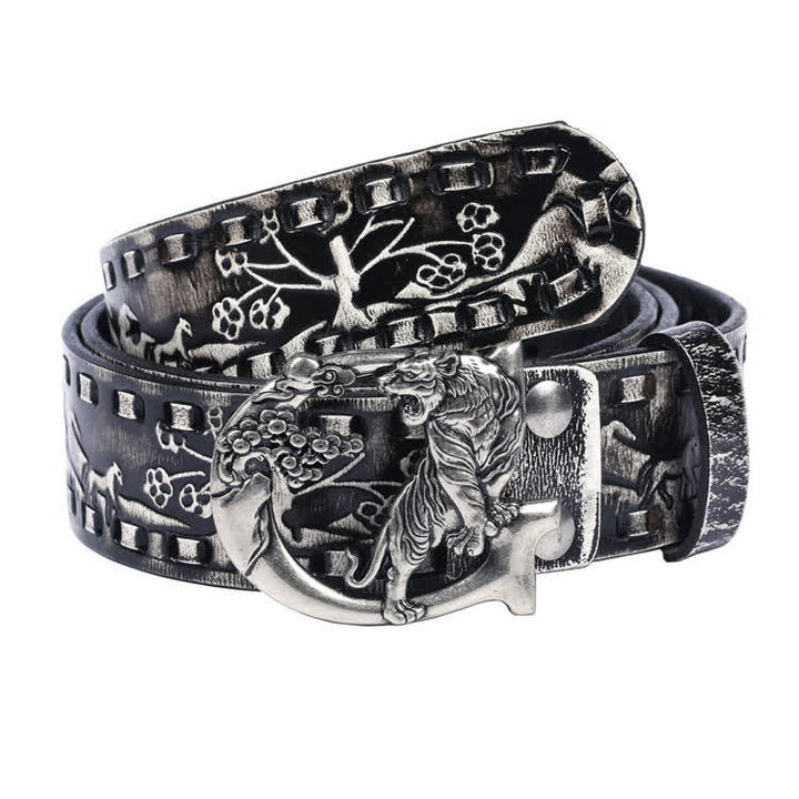 Ceinture unisexe en cuir avec boucle gravée de tigres rétro