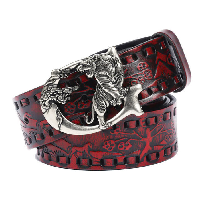 Ceinture unisexe en cuir avec boucle gravée de tigres rétro