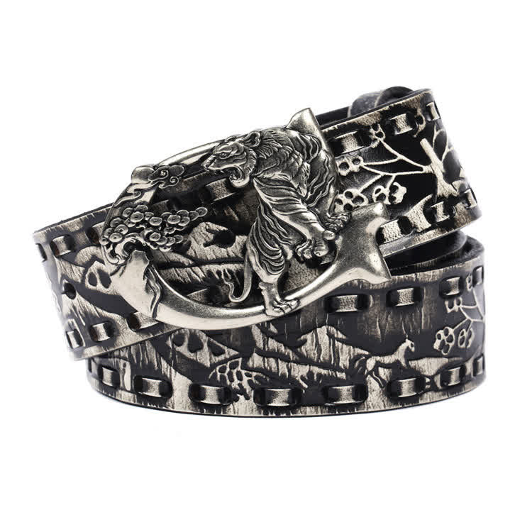 Ceinture unisexe en cuir avec boucle gravée de tigres rétro