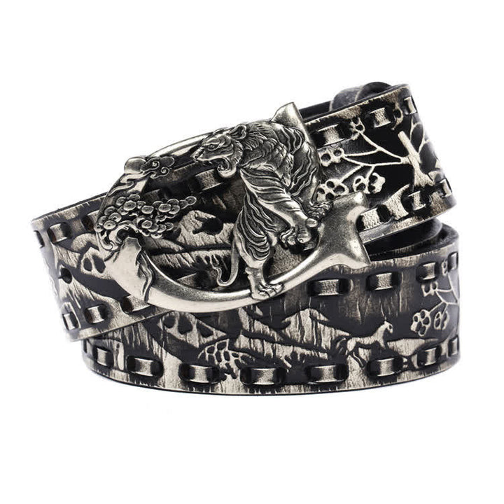 Ceinture unisexe en cuir avec boucle gravée de tigres rétro