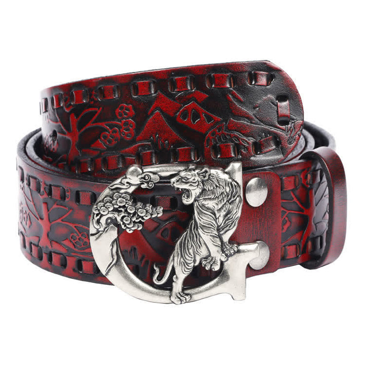 Ceinture unisexe en cuir avec boucle gravée de tigres rétro