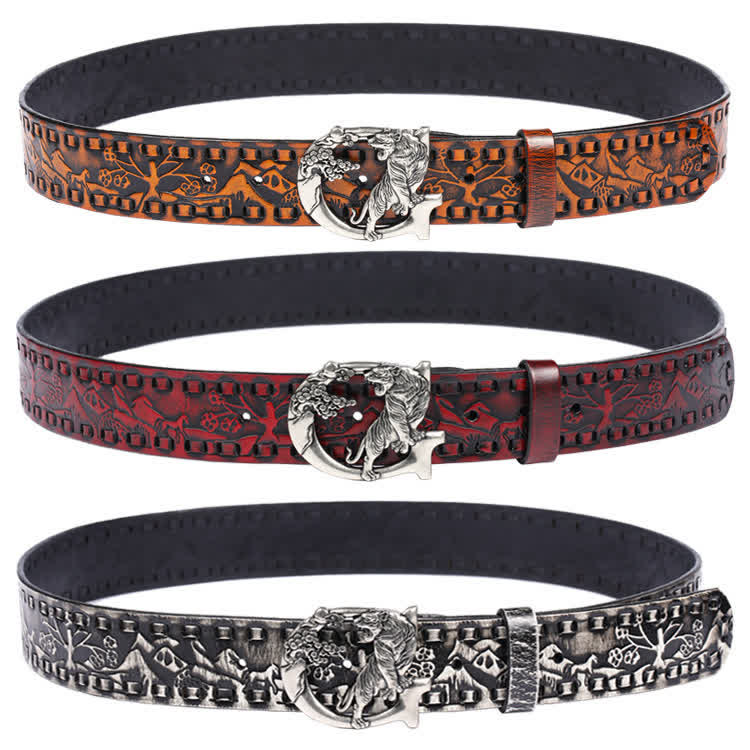 Ceinture unisexe en cuir avec boucle gravée de tigres rétro
