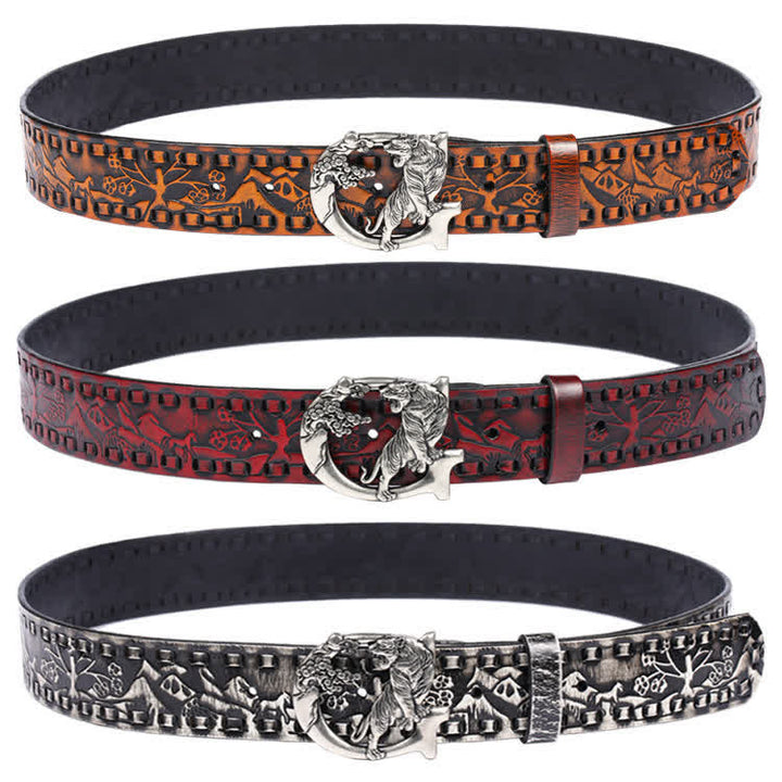 Ceinture unisexe en cuir avec boucle gravée de tigres rétro