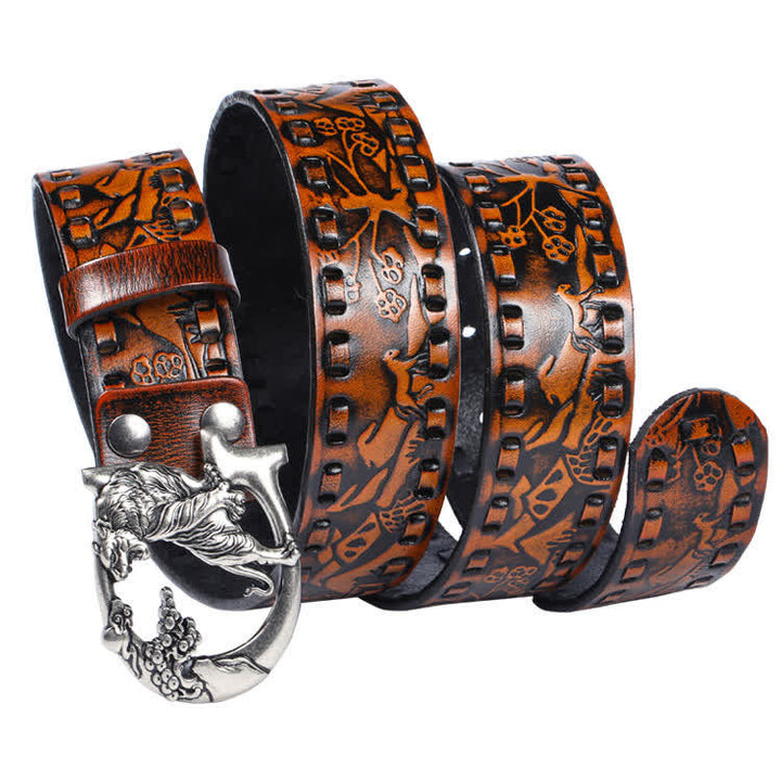 Ceinture unisexe en cuir avec boucle gravée de tigres rétro