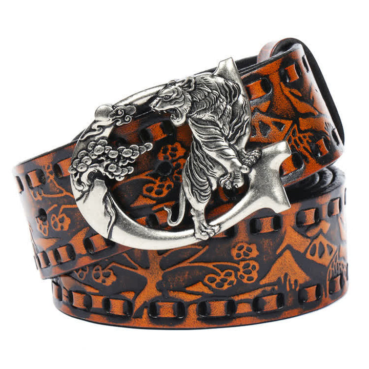 Ceinture unisexe en cuir avec boucle gravée de tigres rétro