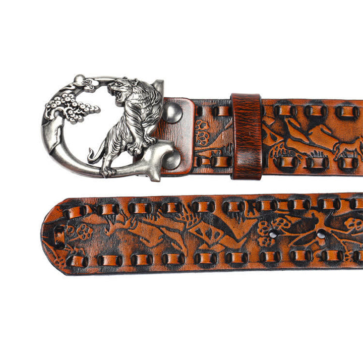 Ceinture unisexe en cuir avec boucle gravée de tigres rétro