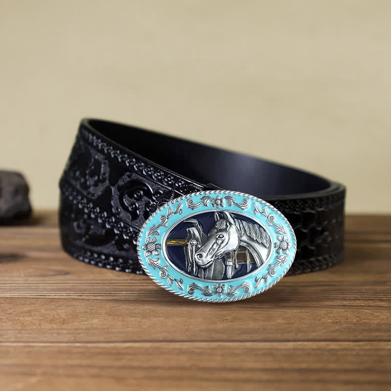 Ceinture en cuir à boucle émaillée pour homme avec tête de cheval