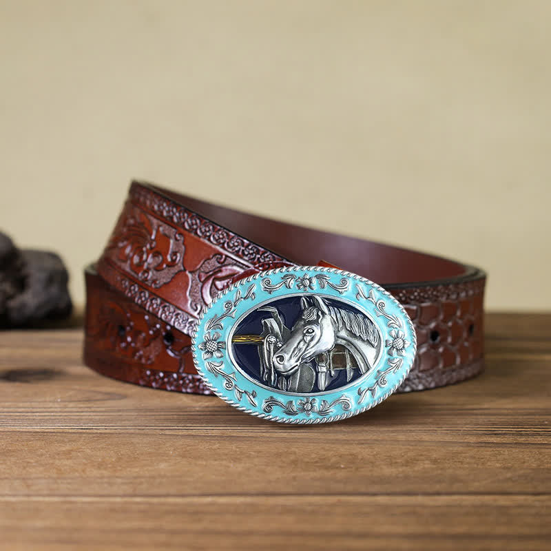Ceinture en cuir à boucle émaillée pour homme avec tête de cheval