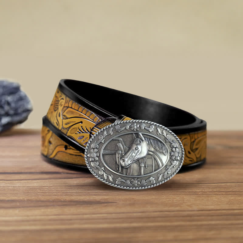 Ceinture en cuir à boucle émaillée pour homme avec tête de cheval