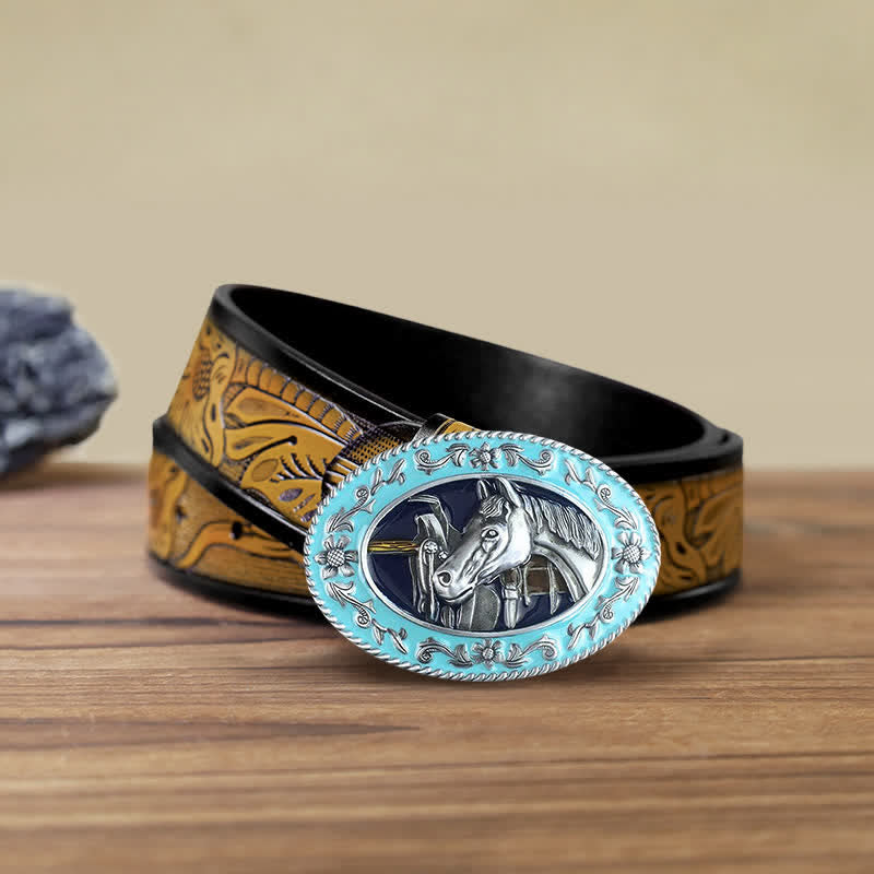 Ceinture en cuir à boucle émaillée pour homme avec tête de cheval