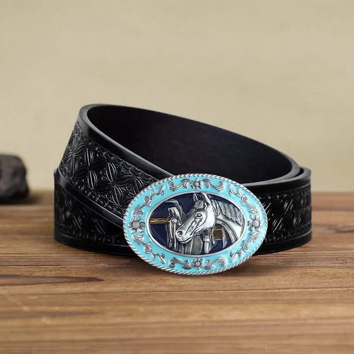 Ceinture en cuir à boucle émaillée pour homme avec tête de cheval