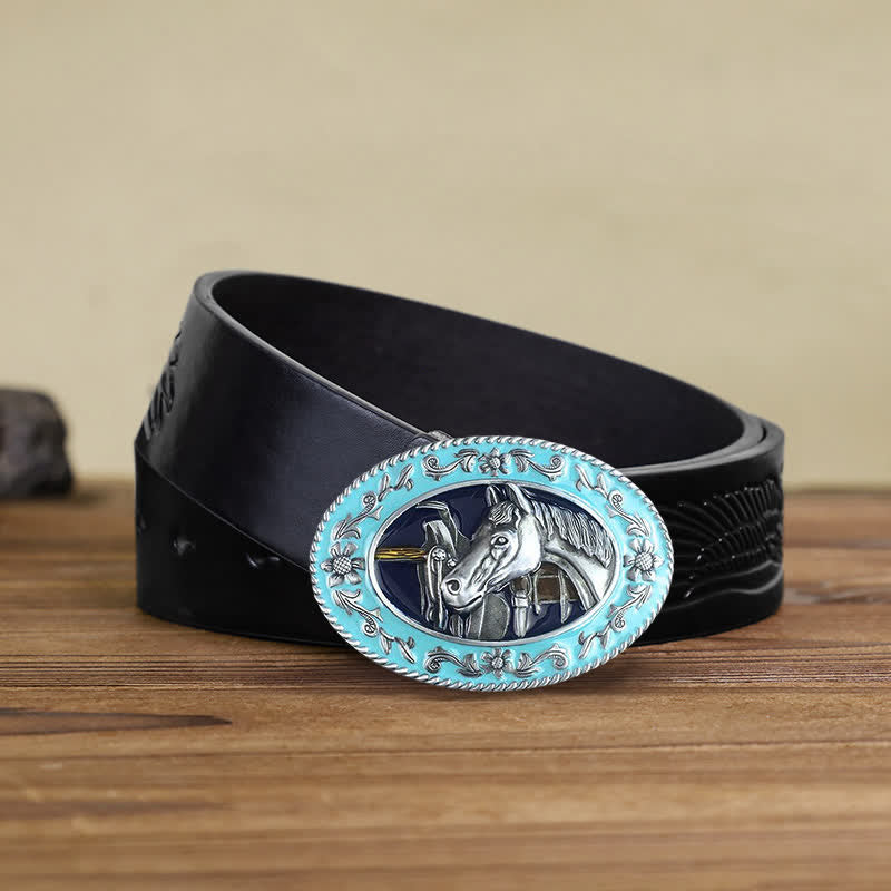 Ceinture en cuir à boucle émaillée pour homme avec tête de cheval