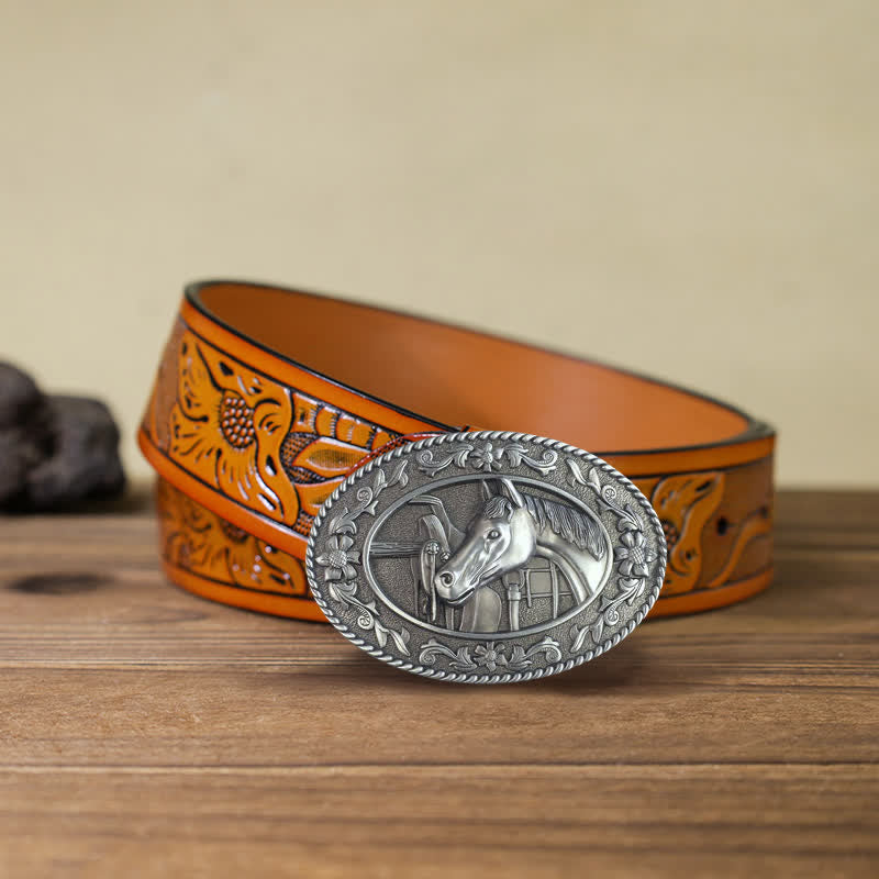 Ceinture en cuir à boucle émaillée pour homme avec tête de cheval