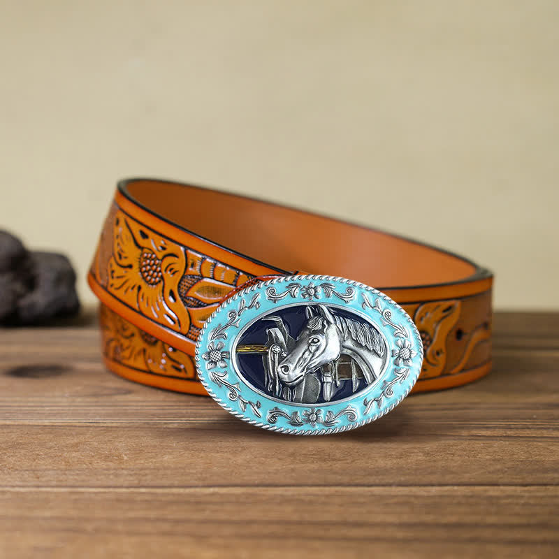 Ceinture en cuir à boucle émaillée pour homme avec tête de cheval