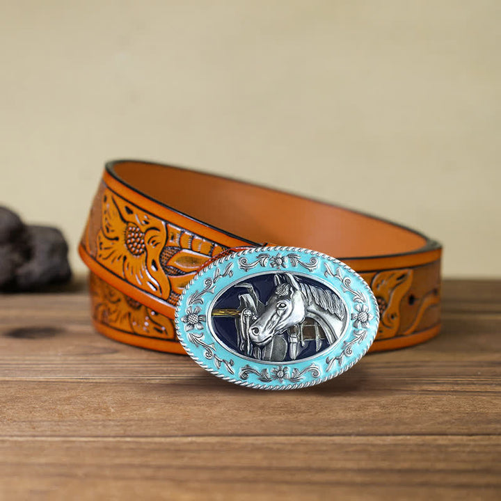 Ceinture en cuir à boucle émaillée pour homme avec tête de cheval
