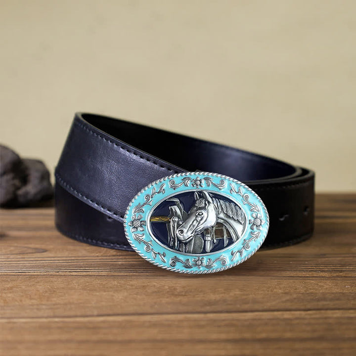 Ceinture en cuir à boucle émaillée pour homme avec tête de cheval