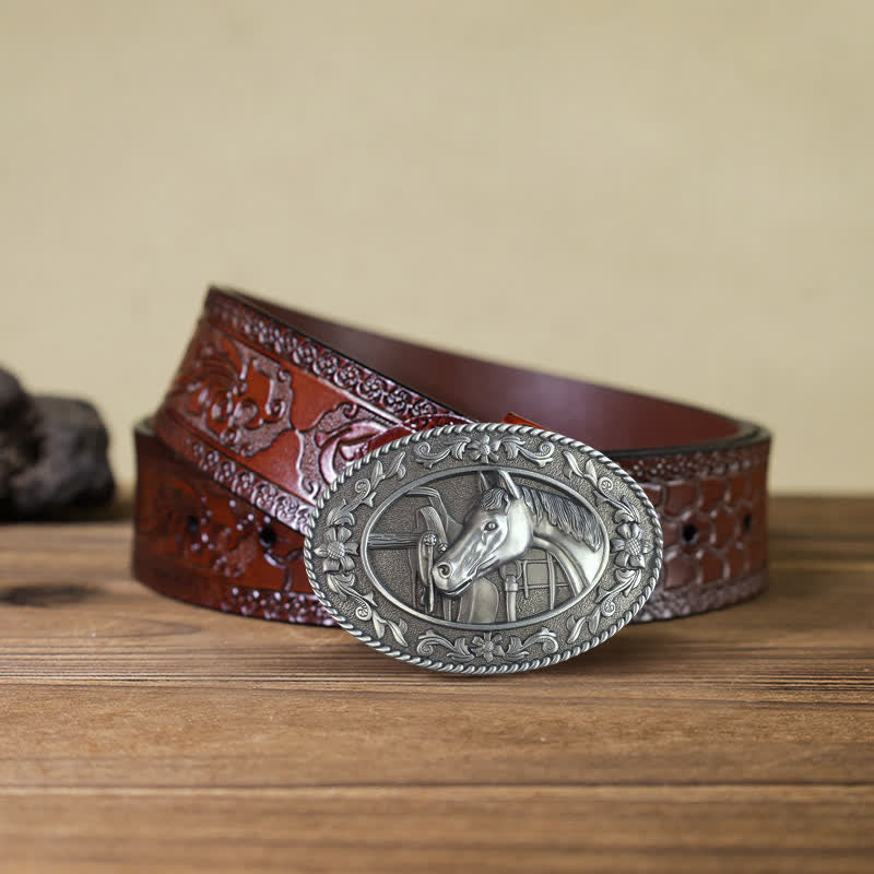 Ceinture en cuir à boucle émaillée pour homme avec tête de cheval
