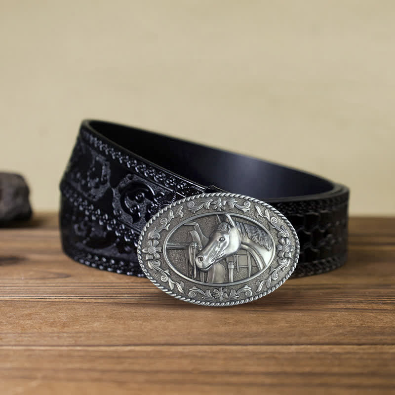 Ceinture en cuir à boucle émaillée pour homme avec tête de cheval
